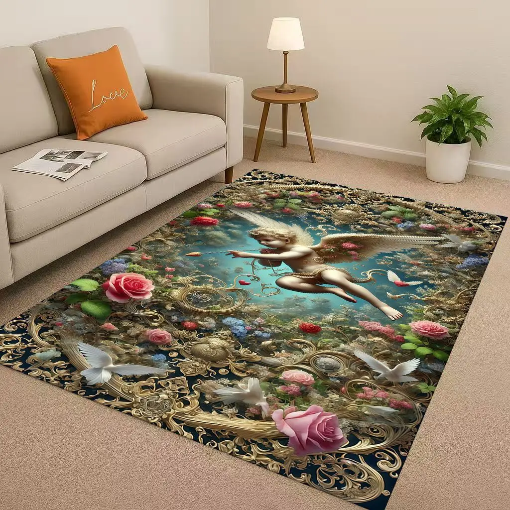 Luxury Baroque Angel Cupid Cartoon Living Room Non-Slip Area Rug Soft Carpet for Bedroom Playroom Sofa ,Easy Clean Home Doormat