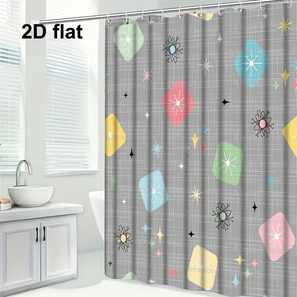 Retro Atomic Star Shower Curtain, Colorful MCM Space Shape Art Print, Machine Washable Bathroom Shower Decor Curtain