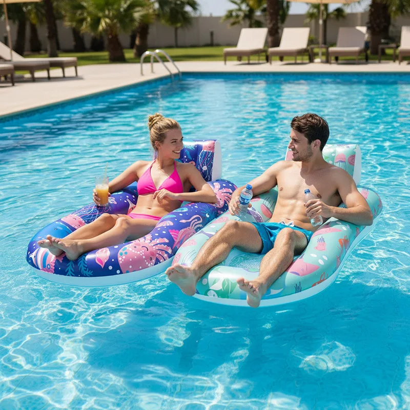 Double Hole Backrest PVC Inflatable Floating Row Adult Swimming Pool Mesh Bed Water Entertainment Marine Animal Pattern Lounger