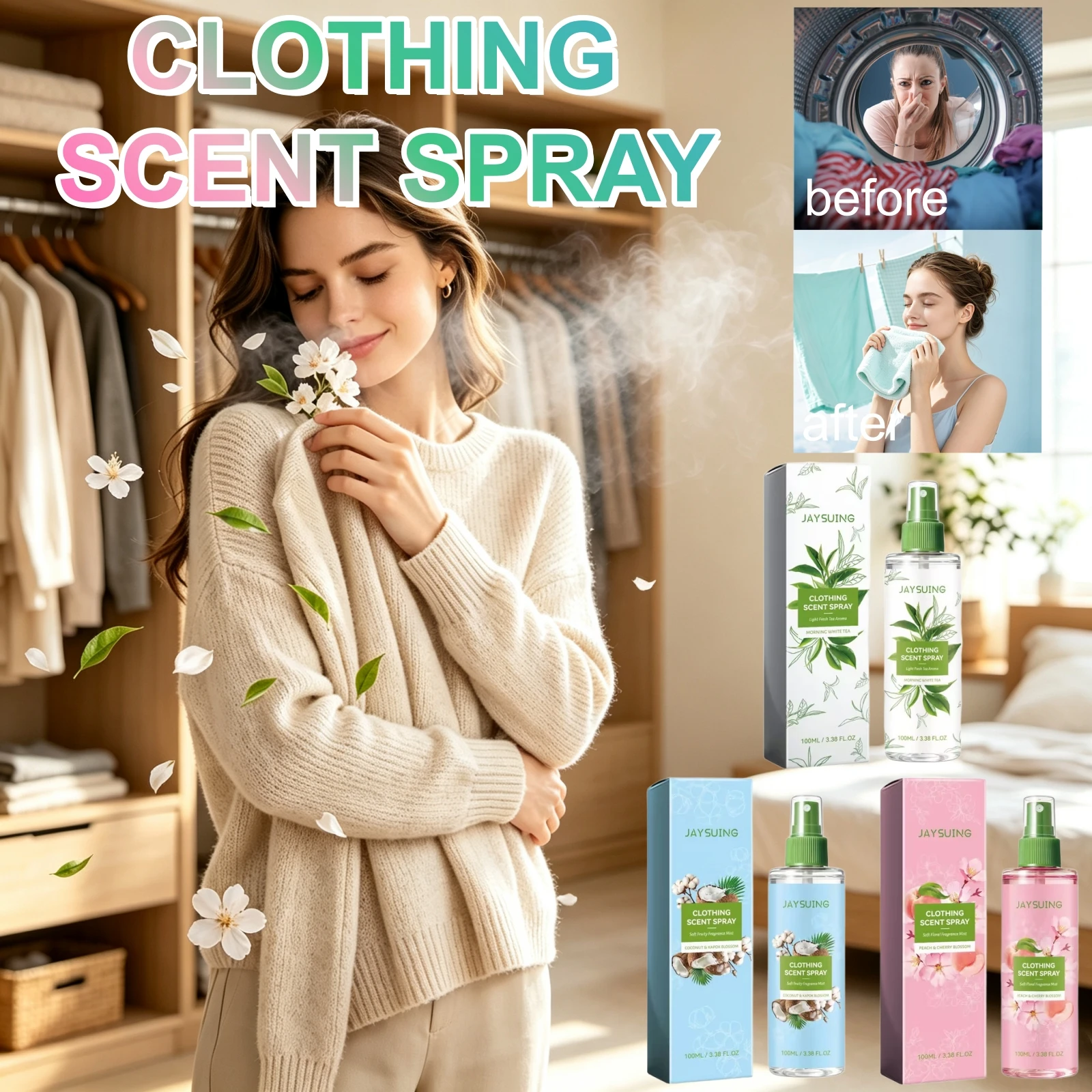Fabric Scent Spray White Tea Coconut Cherry Blossom Long‑Lasting Aroma Mist Clothing Home Space Refresh Garment Odor Eliminator
