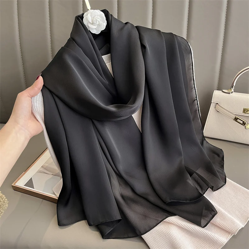 90*180cm Fashion Luxury Silk Scarf Women Solid Color Soft Smooth Scarves Head Wrap Hijab Outdoors Muffler Long Shawl Beach Towel