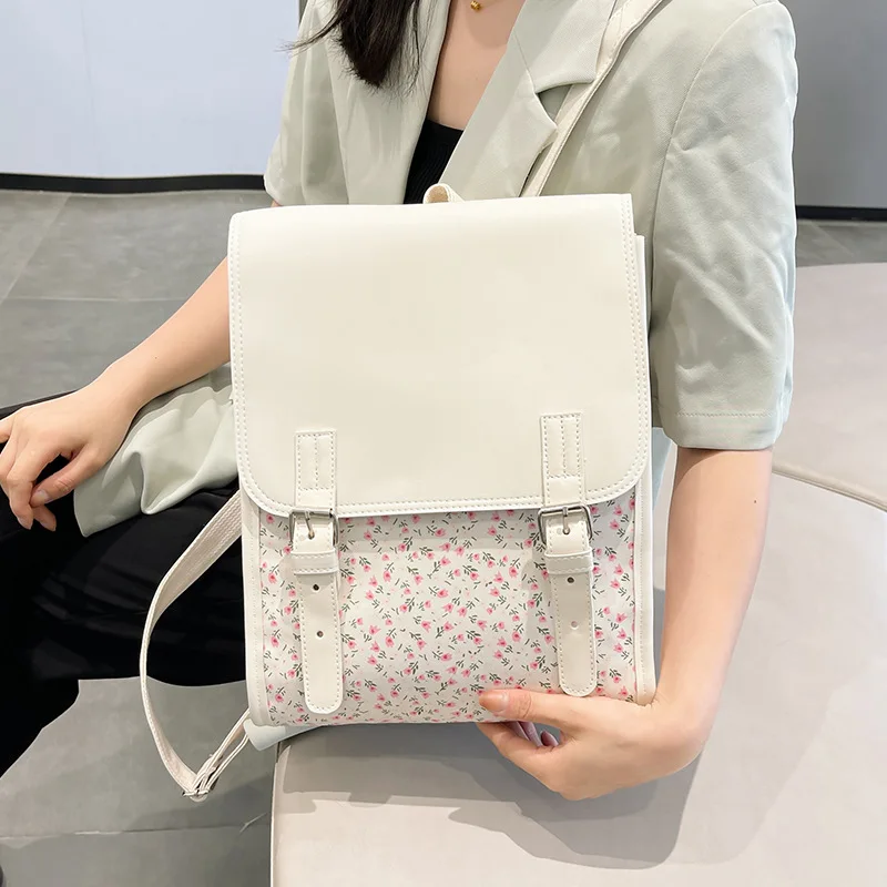 Business Casual Portable Ditsy Floral Buckle Decor Flap Backpack For Teen Girls Women Large Capacity Fashionable Schoolbag