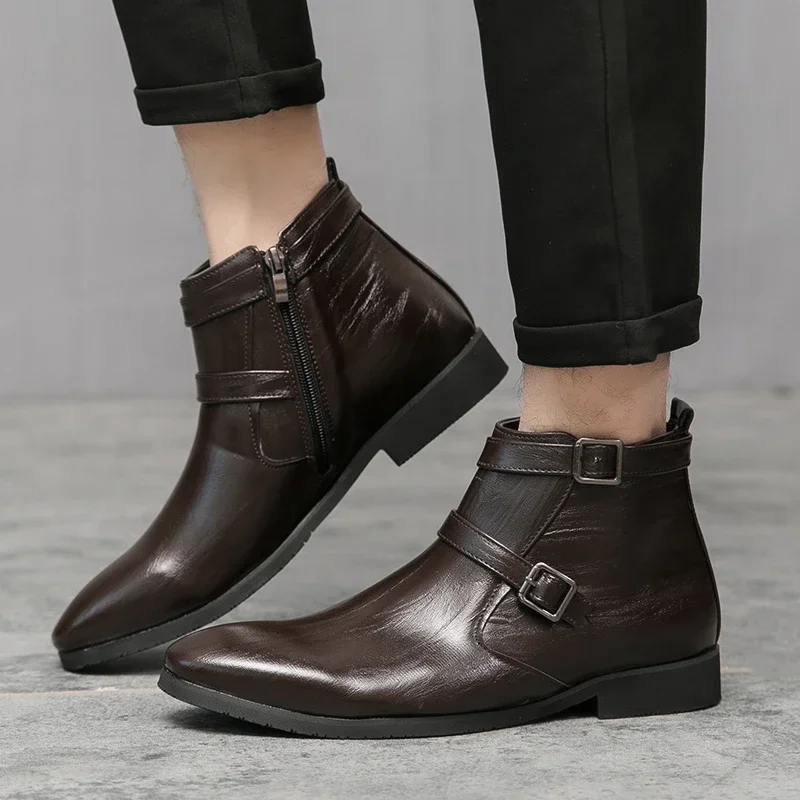 Shoes for Male 2023 Brand Belt Buckle Men's Boots Fashion Side Zipp Leather Casual Shoes High Quality Square Heel Ankle Boots