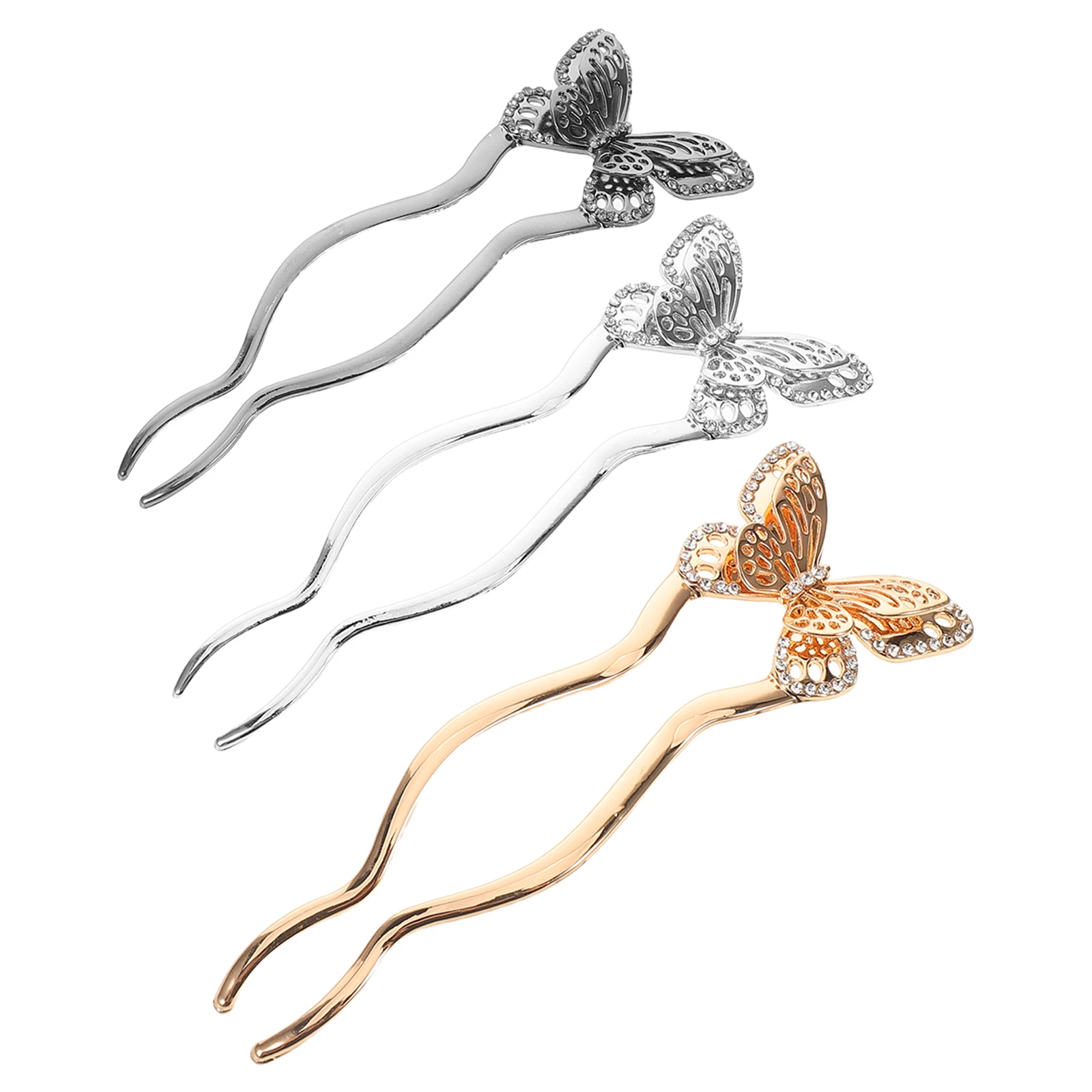 

3pcs Vintage Butterfly Hair Shaped Metal Hairpin Elegant Updo Styling Tool Secure Comb Structure Rhinestone Wedding Party