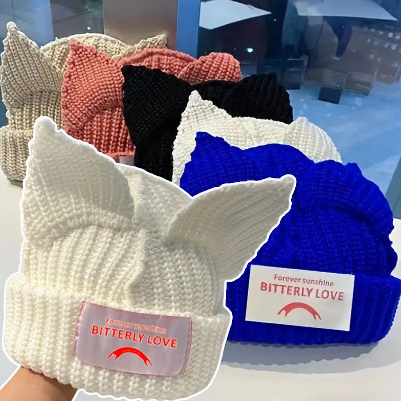 

New Ins Cat Ear Knitted Wool Hat Women Fashion Hooded Cap Beanies Winter Warm Pig Ear Woolen Hats Design Kpop Personality Bonnet
