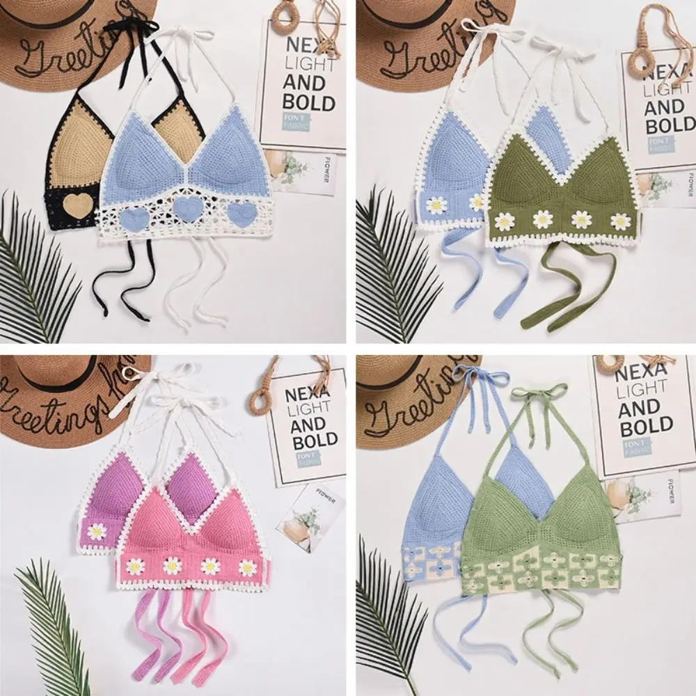 

Casual Bohemian Women Swimwear Top Knitted with Chest Pads Summer Sling National Style Spice Girls Camisole Street