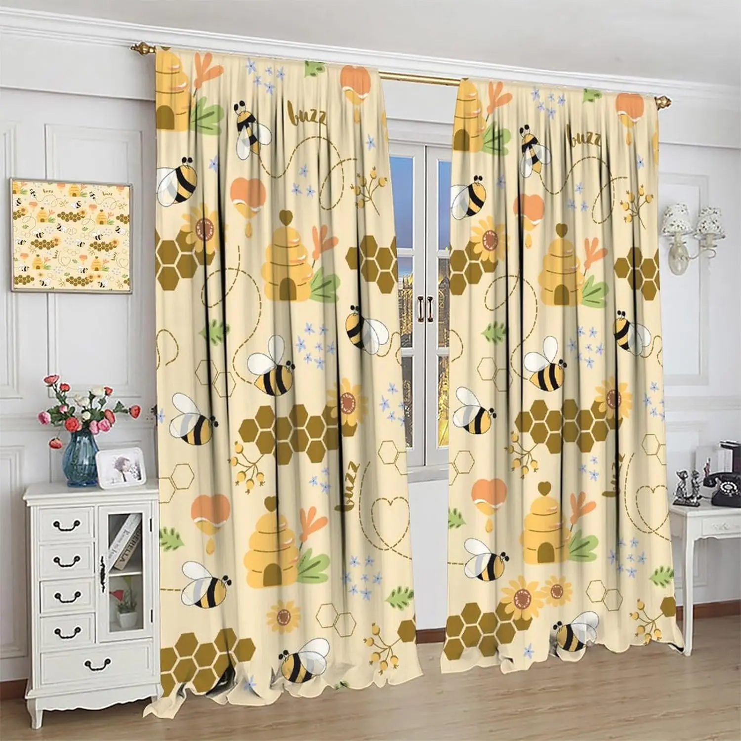 Bee Curtains Cartoon Cute Flying Bees Geometric Hexagonal Honeycomb Yellow Flower Colorful Art Print for Kids Boys Girls Bedroom