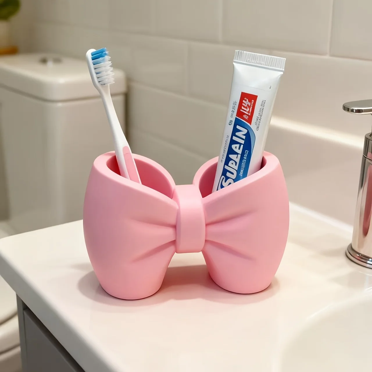 

Adorable Bow-Shaped Toothbrush & Pen Holder Stand - Bow Accent for Bathroom, Bedroom - Cute Toothbrush & Pen Display For Desktop