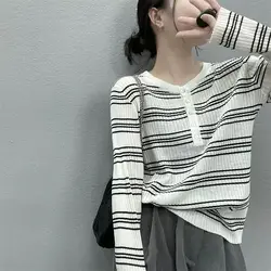 Spring Autumn Women's 2024 New Spliced O-Neck Button Stripe Fashion Loose Minimalist Casual All-match Knitted Long Sleeve Tops