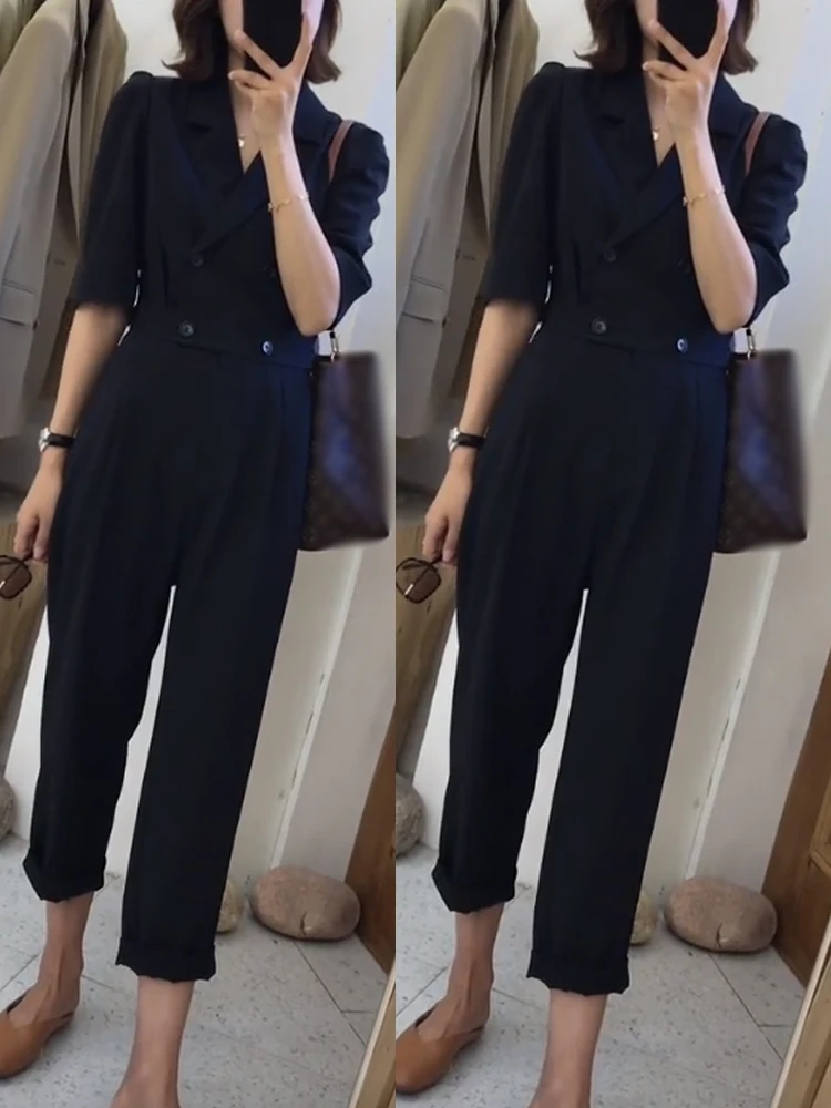

Ele Commuter Sle Wide Leg Suit Pll in One Loose Slimming Double Button High Waist Trendy Summer Women's Clothing