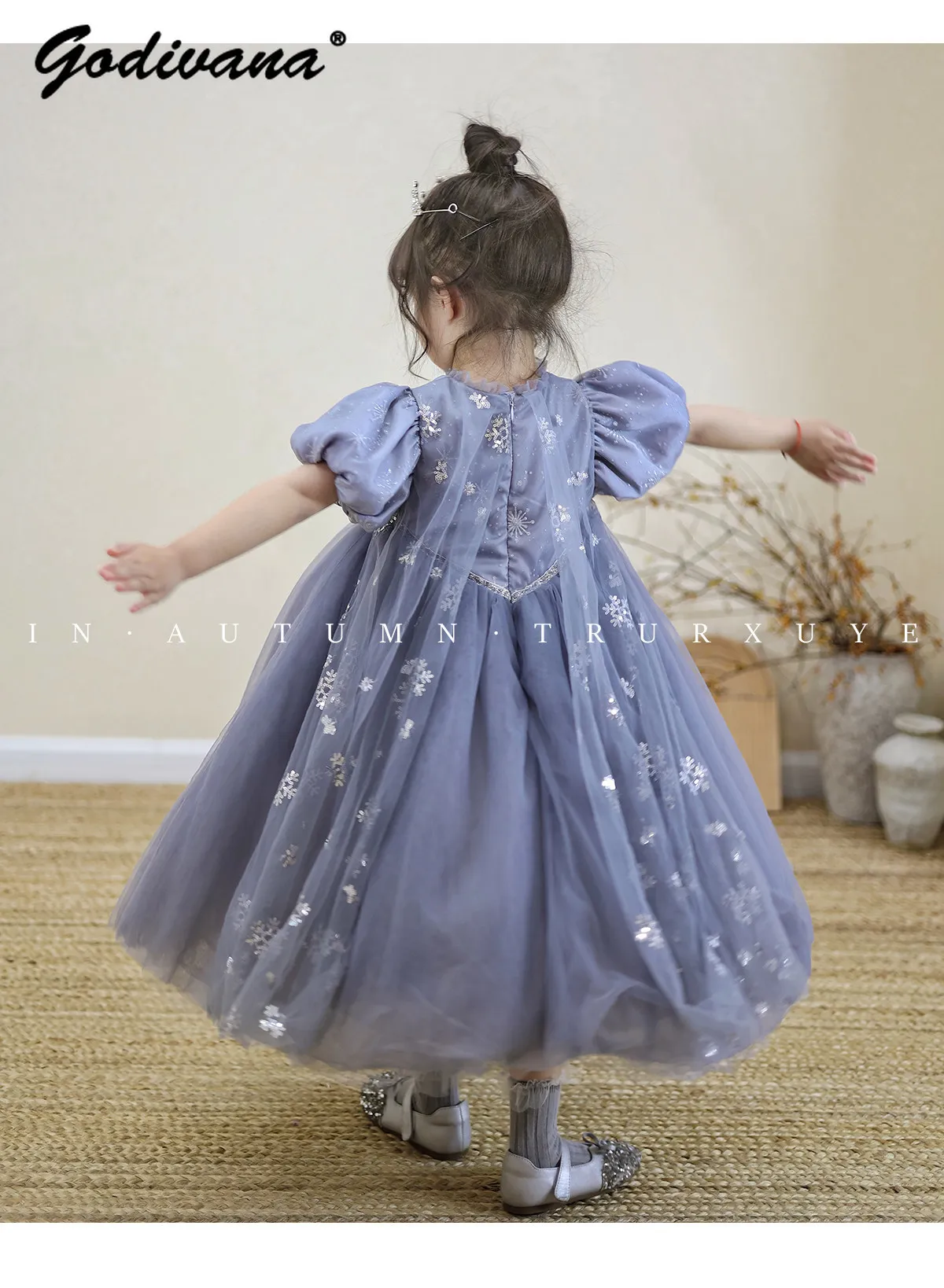 Sweet Baby Girls 2026 Summer New Princess Dress Kids High Handmade Sequined Puff Sleeve Ruffle Collar Tulle Tutu Birthday Dress