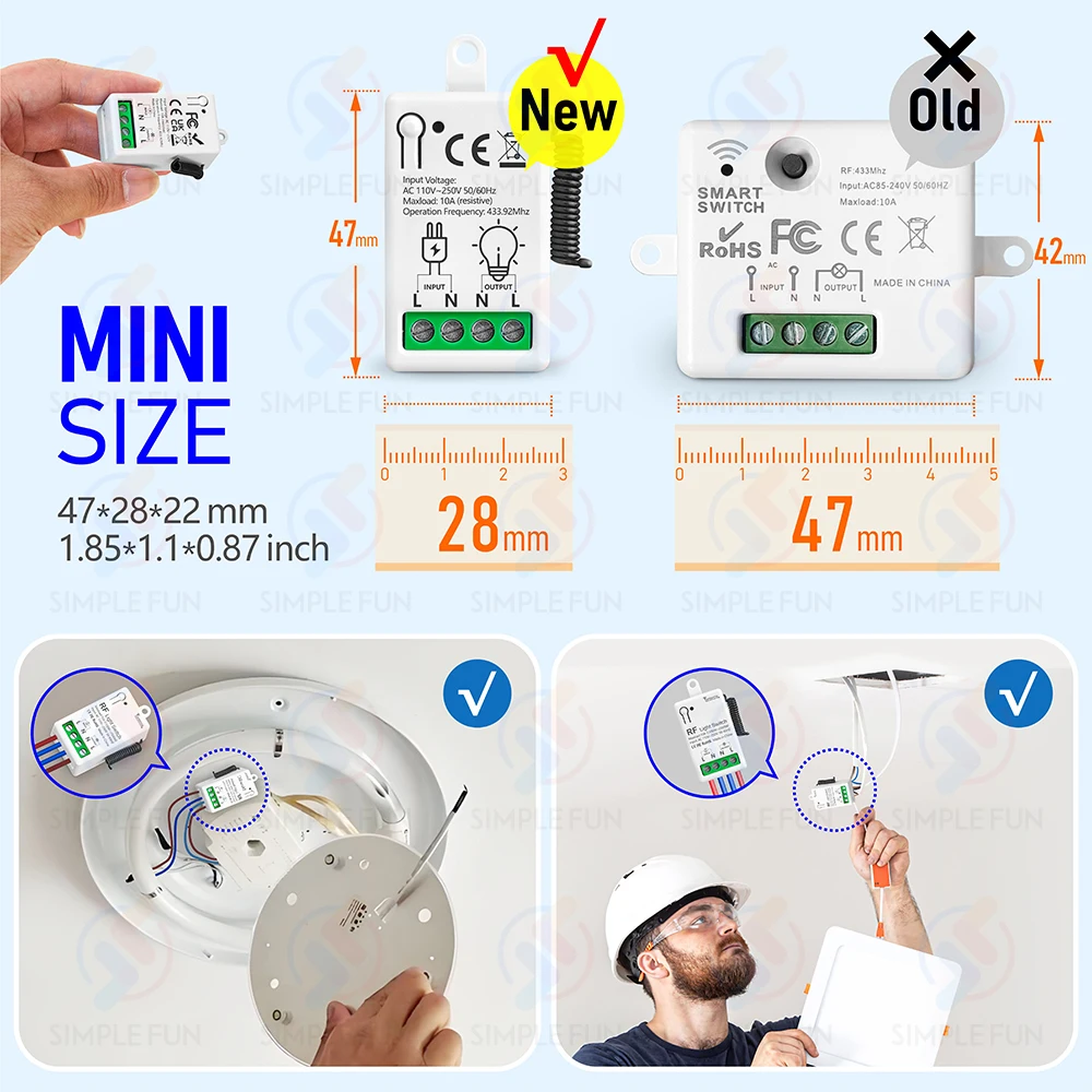 86-Typ Wireless Touch Panel Schalter Drahtlose Licht Schalter 110V 220V 230V 10A Mini RF433mhz relais Modul/Unterbrecher für Beleuchtung – Detail 8