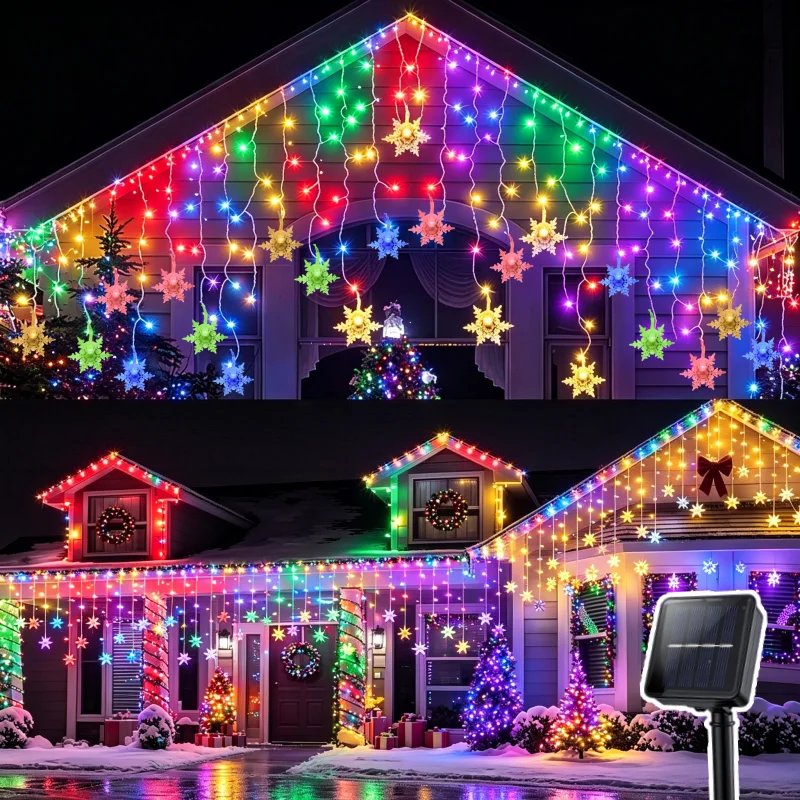 Solar Ice Strip Snowflake String Lights Christmas Tree Decoration Solar Light Winter Festival Light for Christmas Halloween Deco
