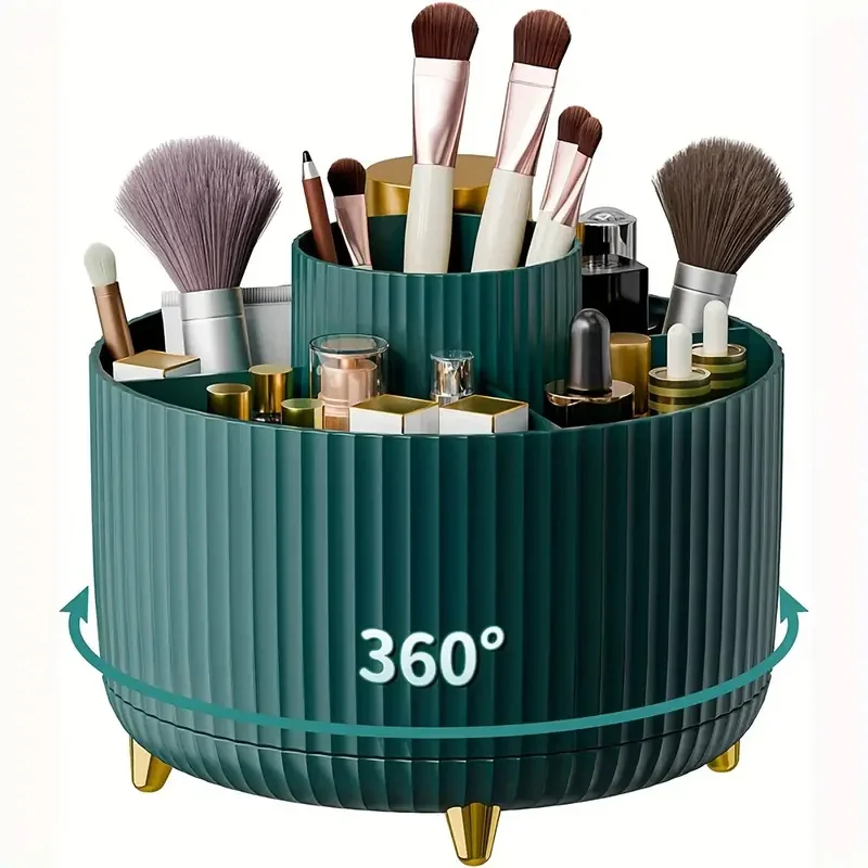 360° Rotating Makeup Organizer Countertop Vanity Storage Bathroom Display Stand Brush Holder Lipstick Case Adjustable Dividers