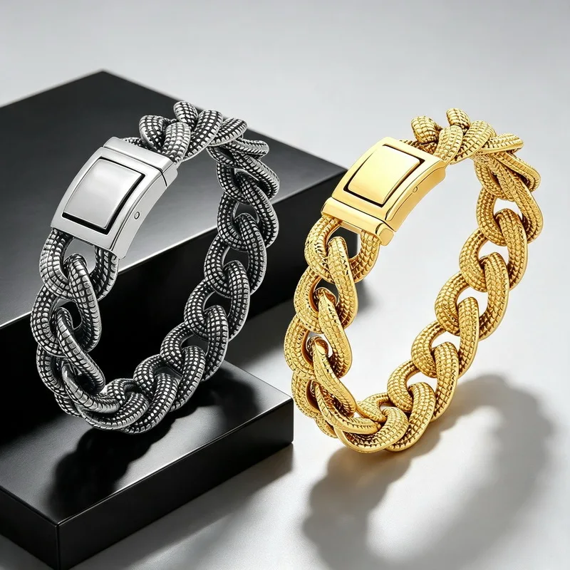 Stainless Steel Mens Thick-Cuban Link Chain Bracelet with Casting Point Pattern Heavy 110g - 19mm x 8.26inches