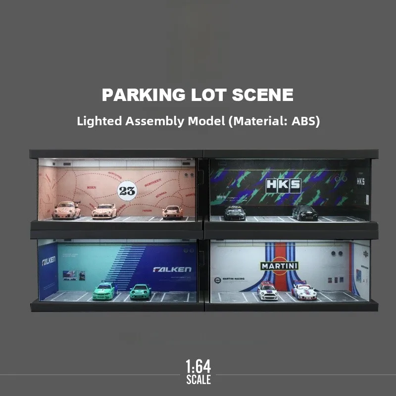 合金製カーモデルガレージ駐車場シーン-64スケール-スチールフレーム-コレクタブルトイ-シミュレーション自動車保管装飾
