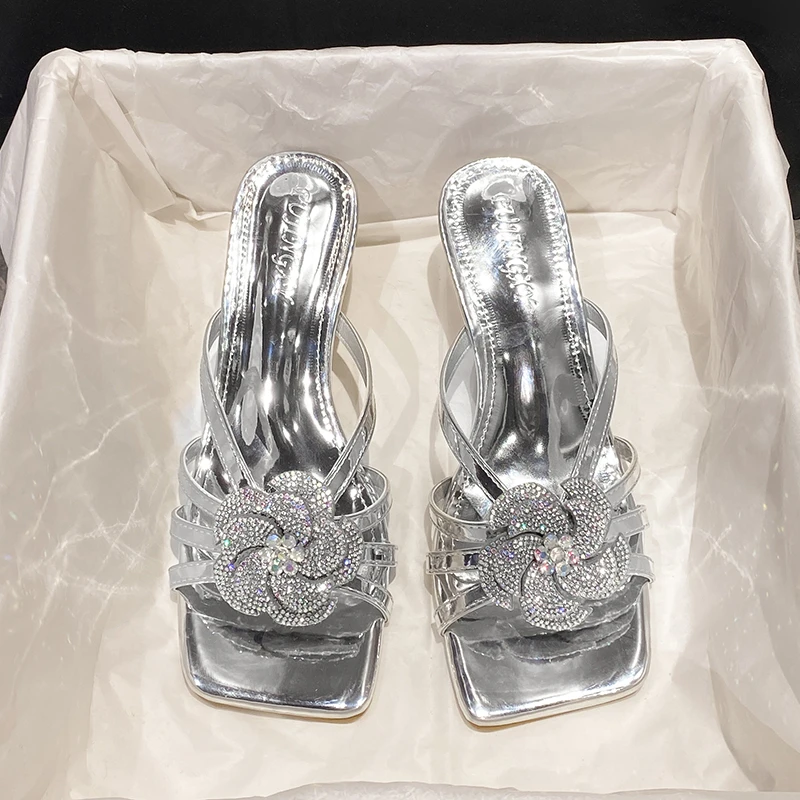 Beautiful High-heeled Sandals and Slippers for Women in Summer 2025 New Fashion with Skirt Rhinestone Open Toe Square Block Heel
