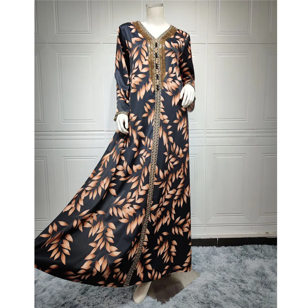 Abayas for Muslim Elegant Women Diamonds Print Casual Maxi Dress Turkey Arabic Kaftan Dubai Saudi Robe Morocco Jalabiya Vestidos