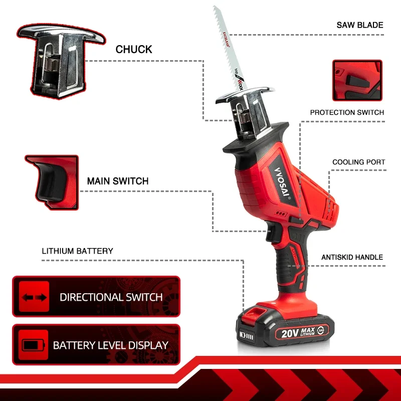 Imagem -02 - Vvosai 20v sem Fio Reciprocating Saw Velocidade Ajustável Serra Elétrica Sabre Serra Portátil para Corte de Metal Madeira Motosserra