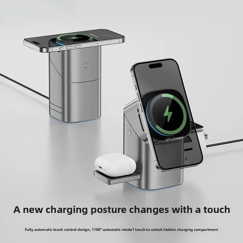 Qi2 3-in-1 Touch Rotation Wireless Charger 15W Magnetic Station for Phone Watch Earbuds Desktop