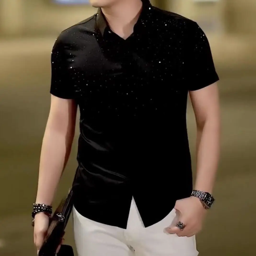 Summer New Men's Stretch Shirt Short Sleeve Simple Hot Drill Process Slim Short Sleeve