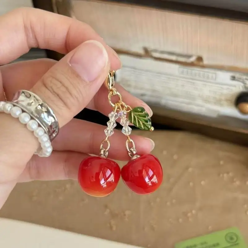 3D Glossy Cherry Keychain Red Sparkly Crystal Beads Gold Clasp Lovely Bag Decoration for Women Girls