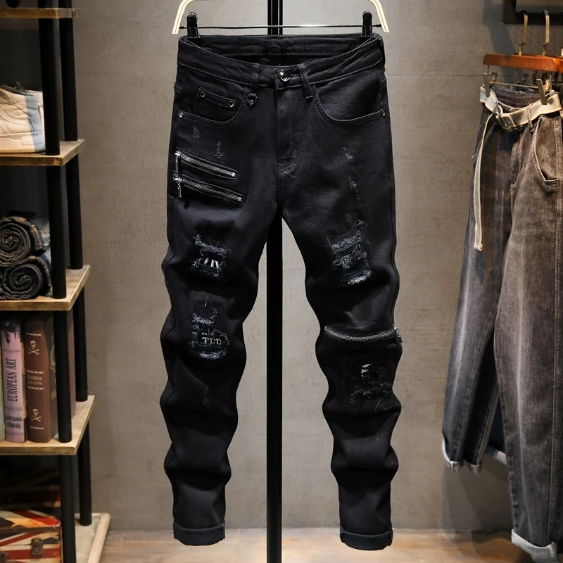 Men Black Jeans Multi‑Zipper Decor Graffiti Print Scratch Washed Stretch Slim Fit Hip Hop Streetwear Denim Jeans