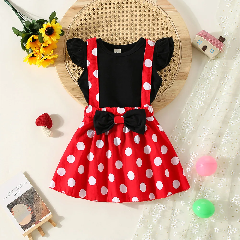 2Pcs/Set Cartoon Polka Dot Baby Girl Evening Dresses Bow Kids Birthday Party Princess Toddler Children Clothes Suit 0 To 4 Years