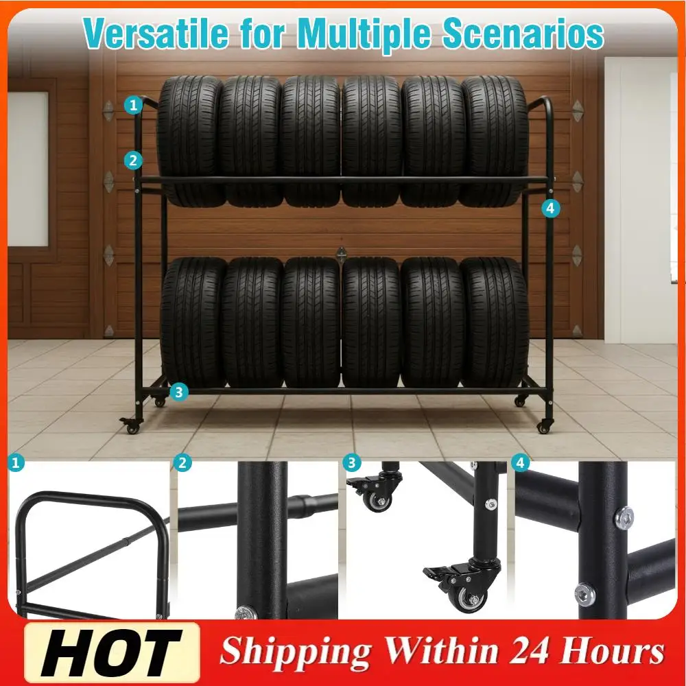 Étagère à roulettes réglable pour pneus 24,8-42,51x15,35x44,09 pouces avec 4 roulettes pivotantes pour garage, utilisation intérieure/extérieure