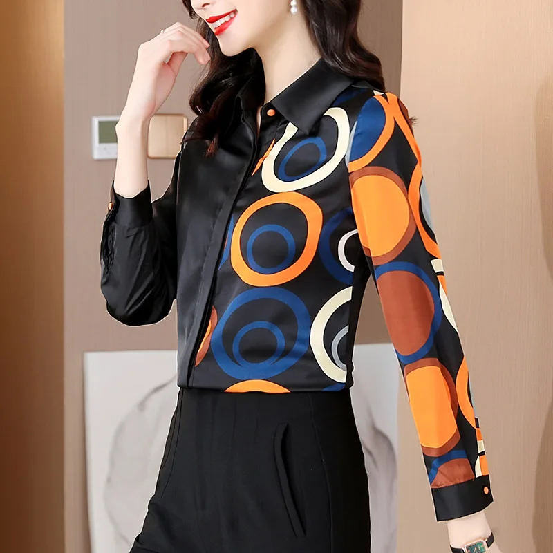 

Women's Black Casual Print Long Sleeved Shirt Spring Summer Fashion Elegant Geometric Button Chiffon Blouse Y2K Popular Tops