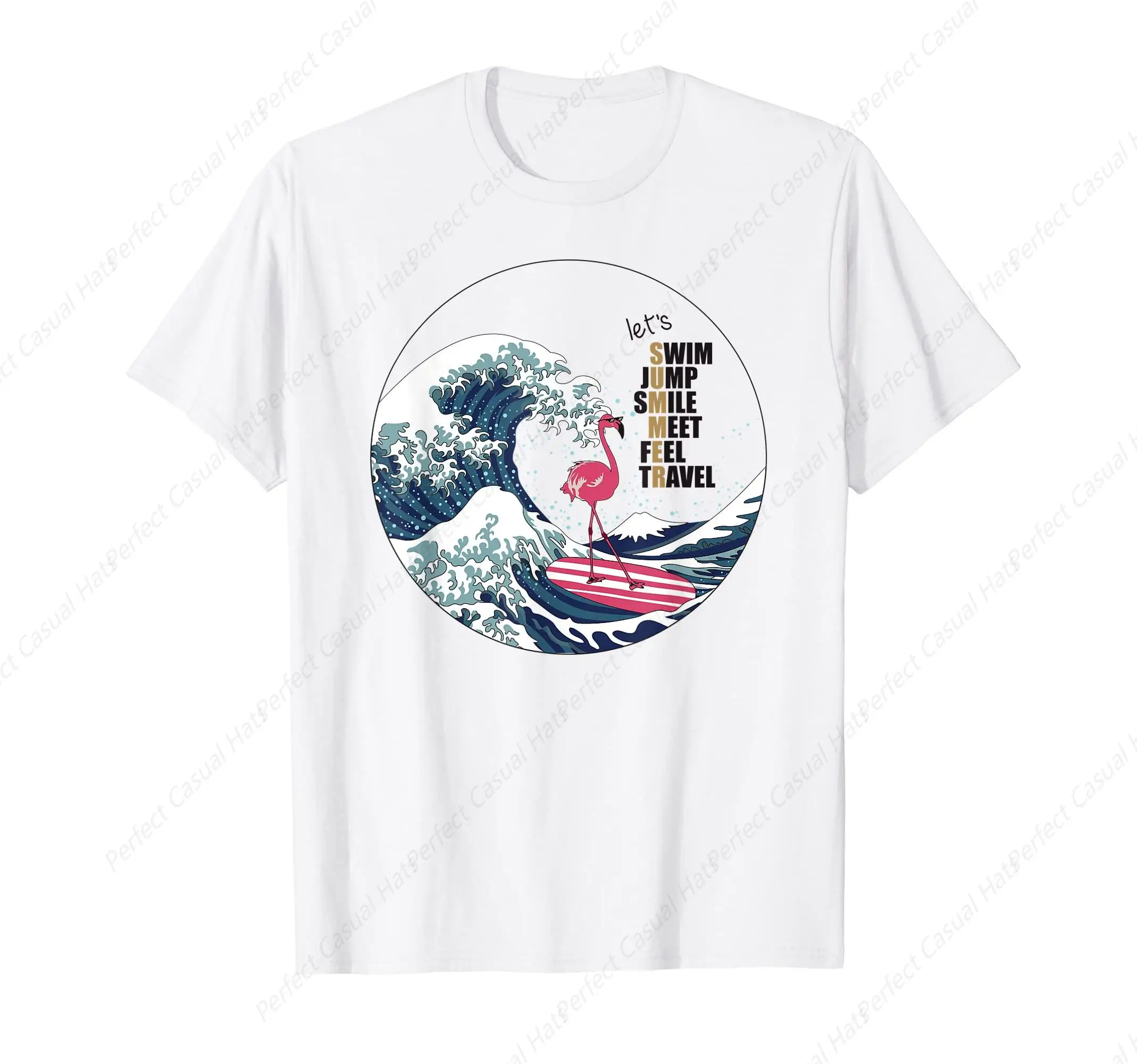 Hot-Selling Flamingo Surfing Great Wave Off Kanagawa Hokusai Japanese T-Shirt Art Lover Leisure O-Neck Tee Unisex