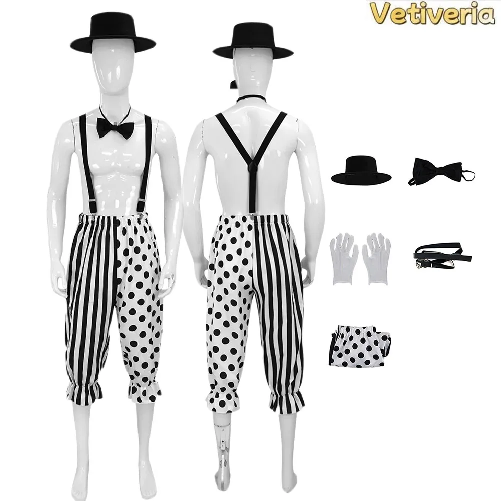 Costume de scène Fantasia Mime Clown Copaly pour adulte, pantalon à bretelles noir et blanc, chapeau, pour Halloween, carnaval, fête, spectacle