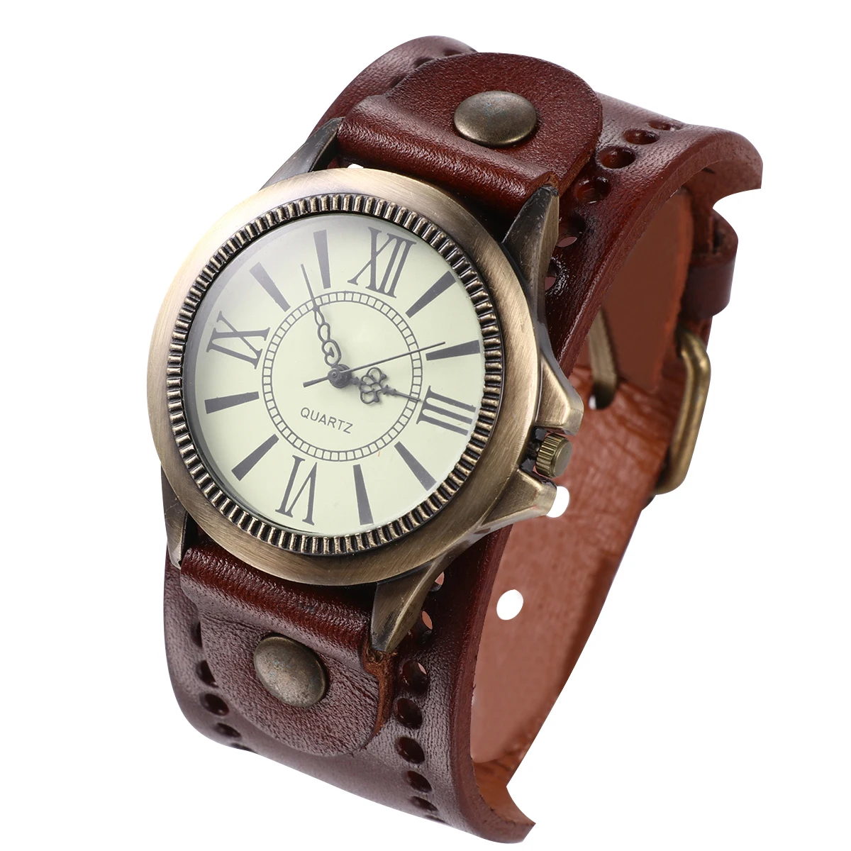 

1pc Genuine Cowhide Vintage Roman Dial Quartz Wristwatch Stylish Women'S Bracelet Watch For Birthday Wedding Gift (Light Coffee)