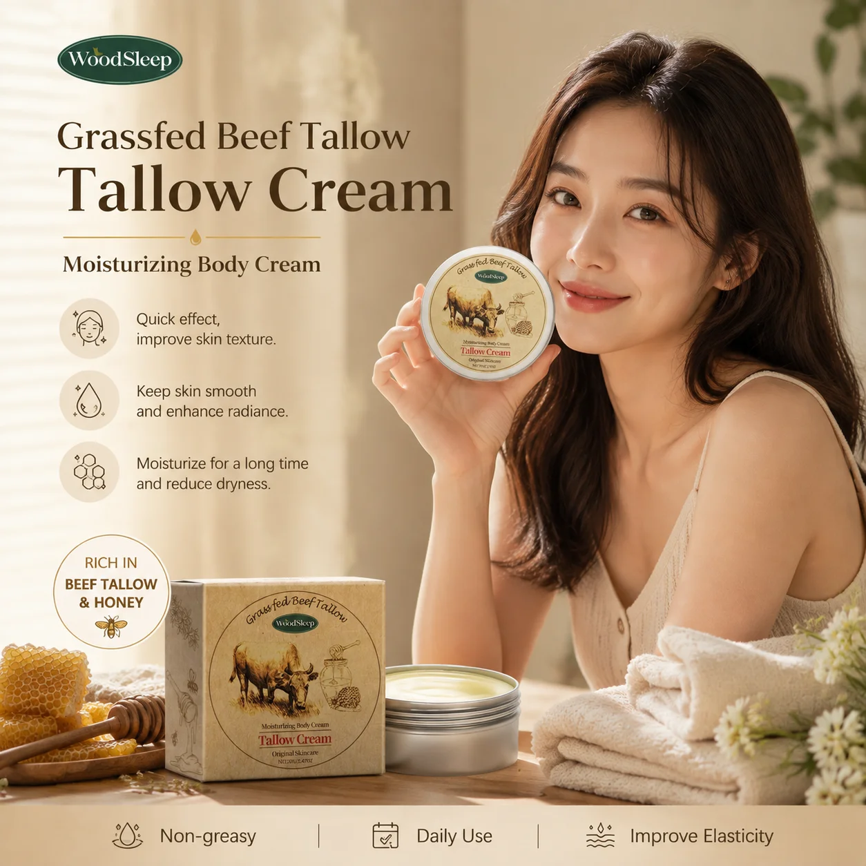 WoodSleep Grass‑fed Beef Tallow Cream Deep Nourishment Long‑Lasting Moisturizing Daily Skin Care Moisturizing Body Cream 70g