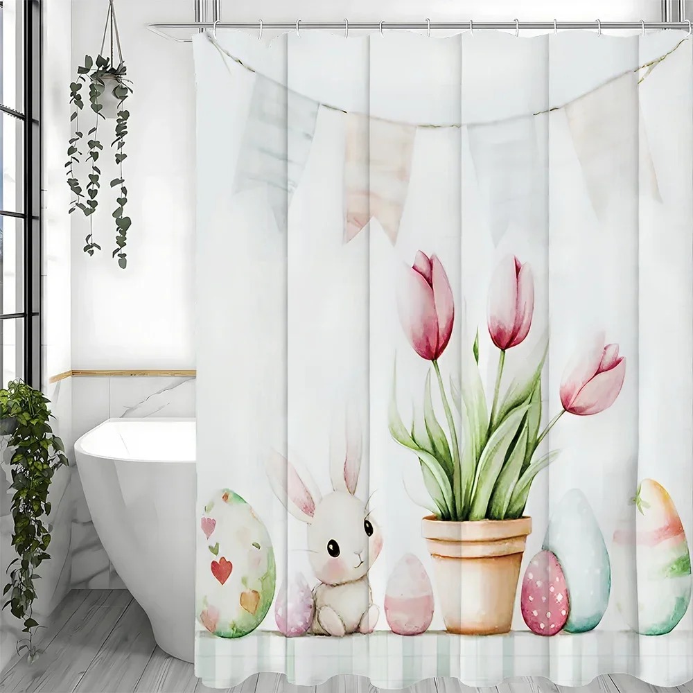 Cute Bunny Floral Bathroom Shower Curtain, Cute Easter Egg Shower Curtain, Tulip Chess Watercolor Painting Suitable for Bathroom