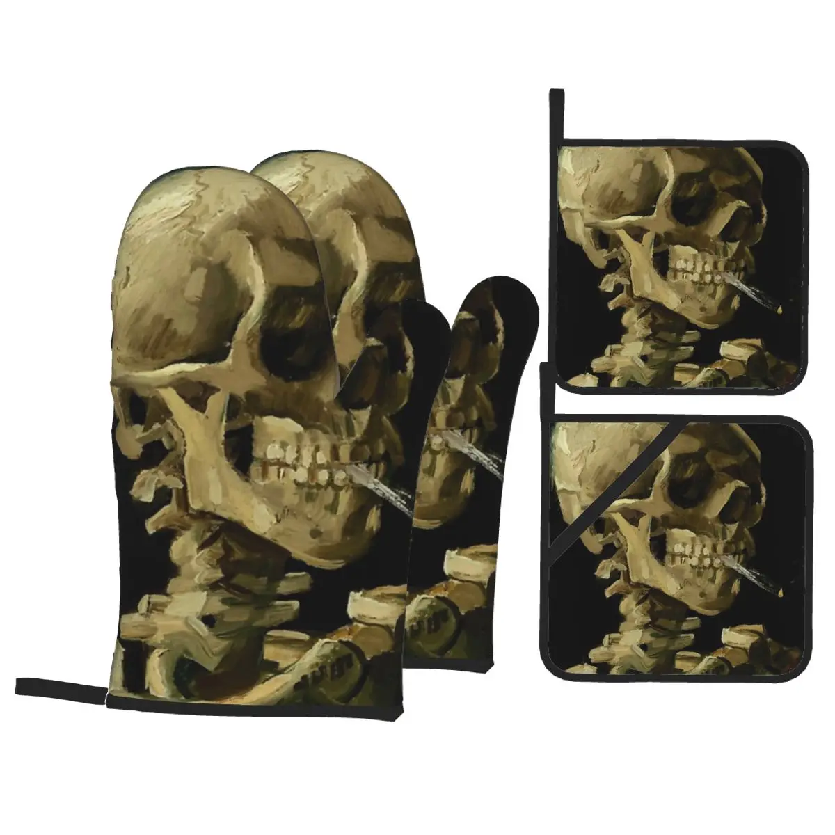 Vincent Van Gogh - Skull Of A Skeleton With Burning Cigarette Insulation Four-Piece Set Gloves Oven Gloves Kitchen Baking Tools