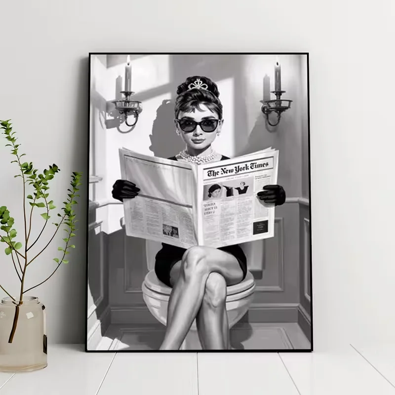 Audrey Hepburn - Black and White Canvas Art Poster: 1pc 2D Flat Toilet Print | Frameless Wall Decor for Home, Bedroom, Kitchen,
