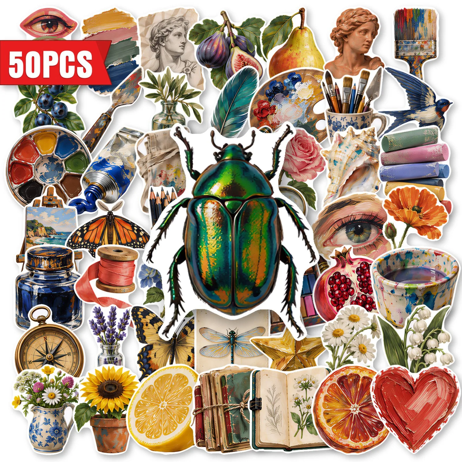 50 PCS Retro Oil Painting Watercolor Exquisite Art Stickers Scrapbook Window Vase Phone Case Laptop Waterproof Decals