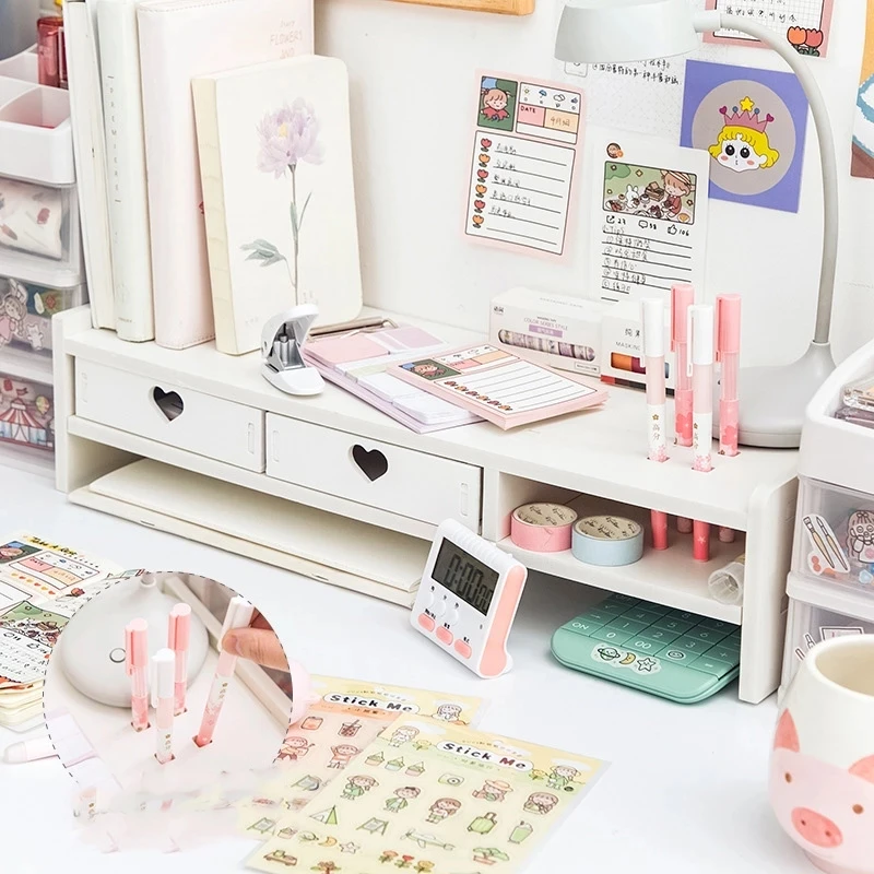 Pink White Student Storage Rack Heart Drawers Monitor Laptop Increase Shelf Office Screen Riser Holder Stationery Pen Storage