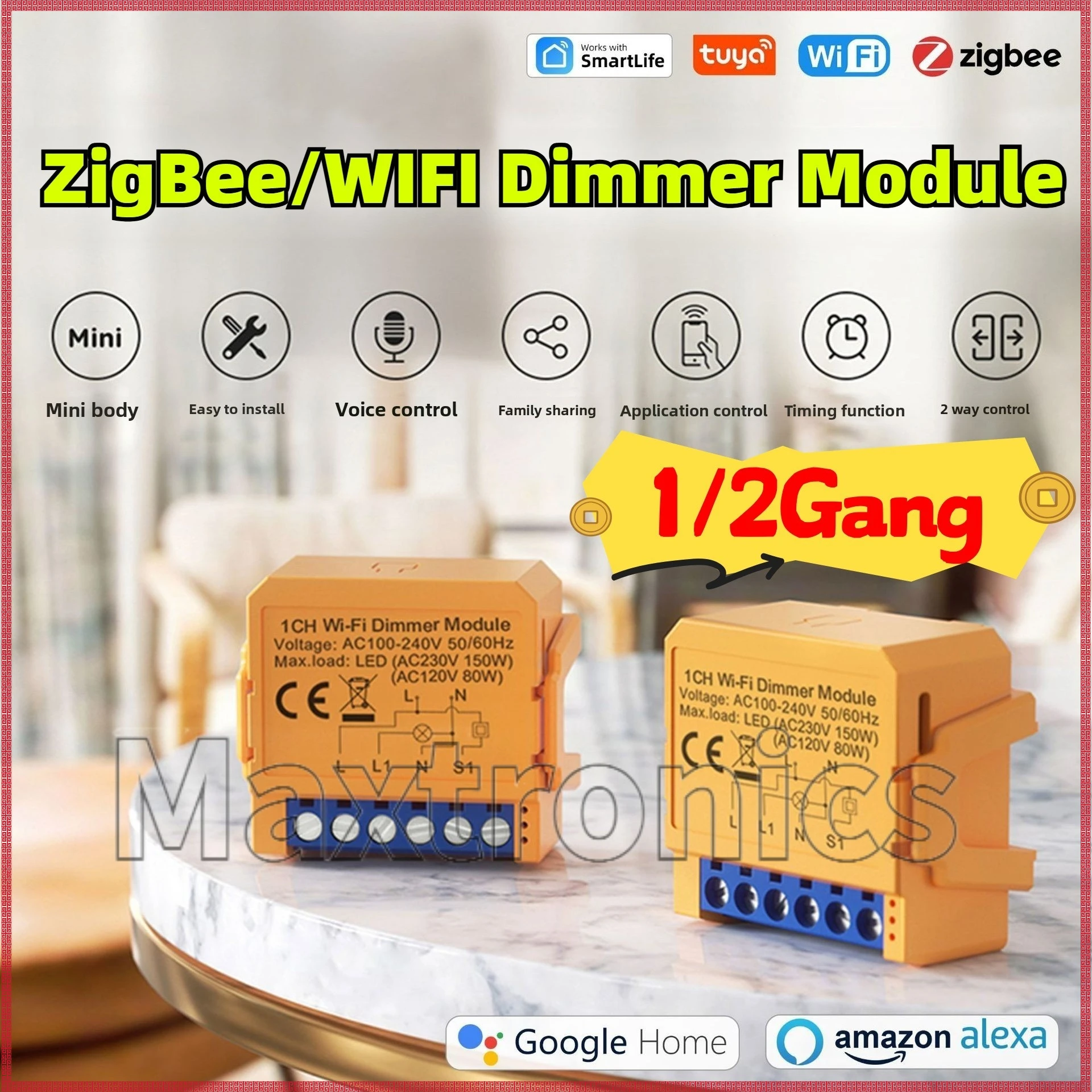 1/2Gang Dimmer ZigBee/WIFI Tuya Smart Dimmer Switch Module Mini Circuit Breaker APP Remote Alexa Google Home for Led Light/Lamp