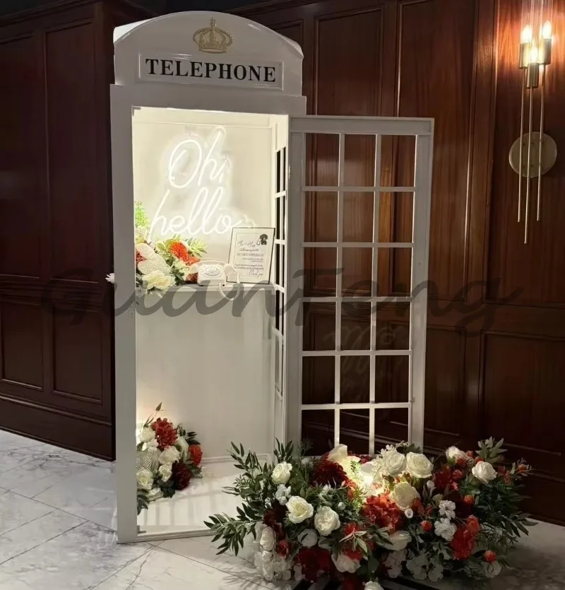 Antique Style London Phone Booth Decoration, White Metal Vintage British Booth for Wedding & Party Events