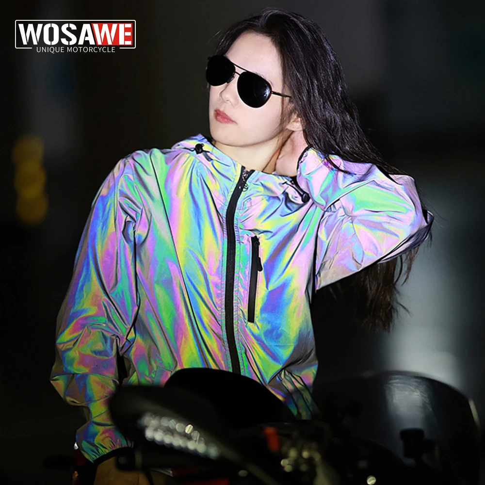 

WOSAWE Rainbow Reflective Jacket Men Women Hooded Windbreaker High Visibility Waterproof Motorcycle Running Night Safe Wind Coat