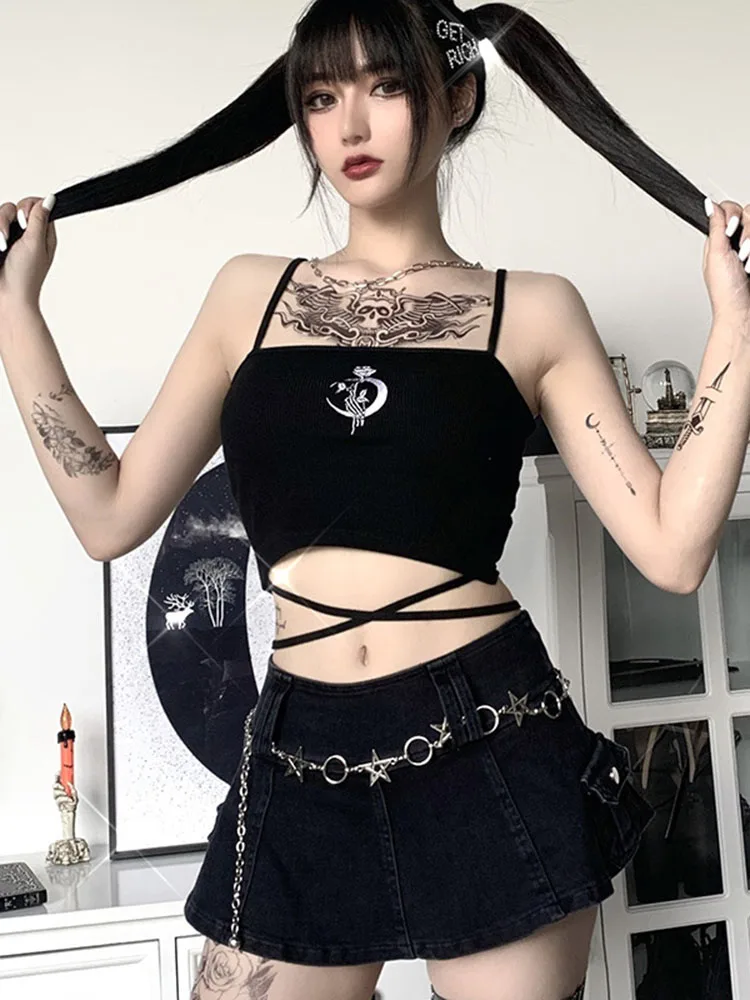 

Gothic Women's Print Suspender Sleeveless Square Neck Slim Crop Top Sexy Halter Bottoming Shirt 2024 Girls Party Wear