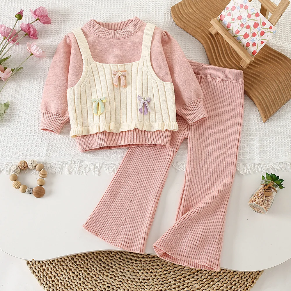 الفتيات البلوز دعوى الخريف الشتاء جديد طفلة ثلاثة فراشة قطعتين محبوك السراويل النسخة الكورية الحلو Tops90-130cm #4