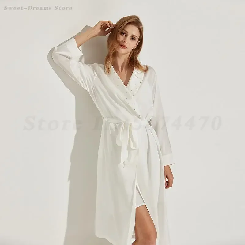 

White Bride's Morning Robe Negligee Kimono Bathrobe Gown Spring Autumn New Female Sleepwear Home Dressing Gown Loose Loungewear
