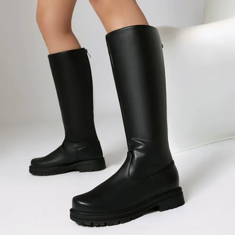 Retro Black Thick Bottom Long Boots Women 2025 Autumn Pu Leather Knee High Boots Woman Plus Size 44 Side Zipper Platform Shoes