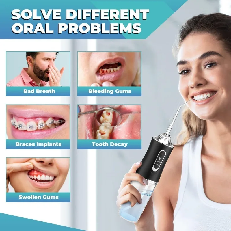 Oral Irrigator Portable USB Rechargeable Dental Water Flosser Water Jet Floss Tooth Pick 4 Jet Tip 220ml 3 Modes IPX7 Waterproof image 6
