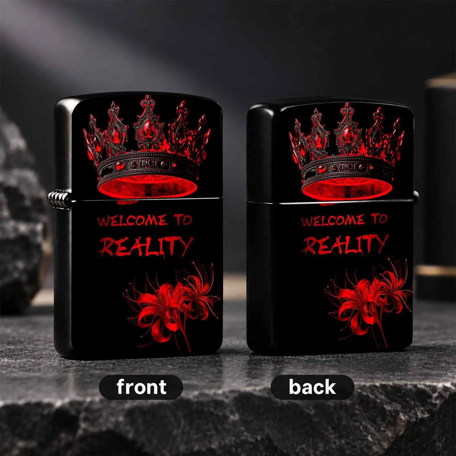 Dark Gothic Red Crown Lily Themed Lighter, Trendy Welcome To Reality Creative Print, Portable Sleek Versatile Accessory For All Daily Scenes, Thoughtful Exquisite Gift Choice For Your Friends And Hobby Partners A Humorous And Interesting Li