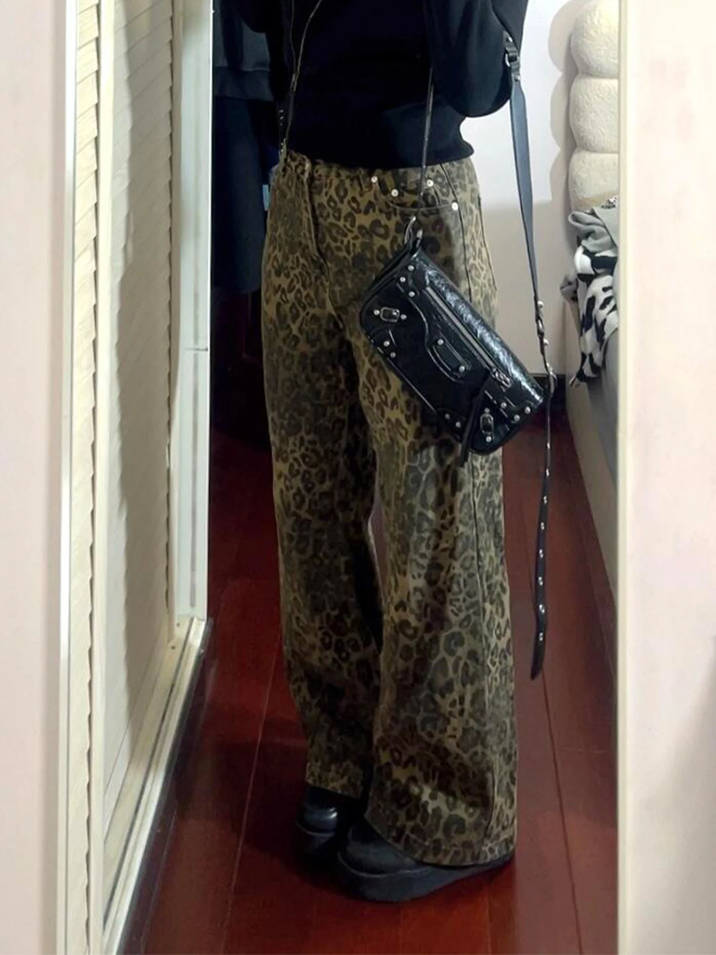 

Loose Wide Leg American Style High Street Leopard Print Denim Jeans Women's Summer New Slim Straight Casual Pants