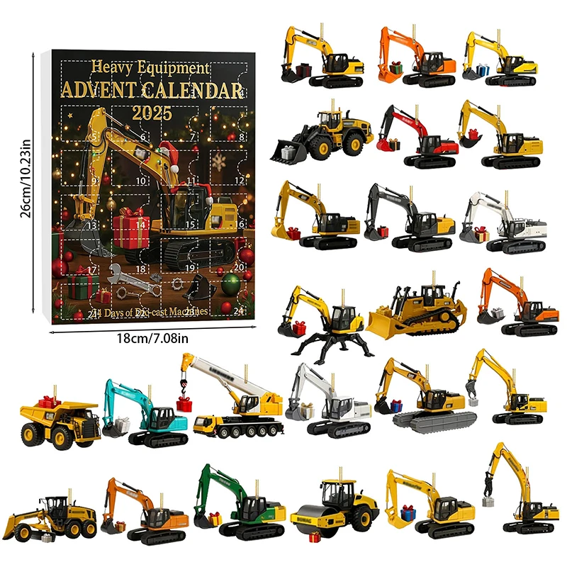 중장비 어드벤트 캘린더 2025, 24일 크리스마스 카운트다운 캘린더, 24개 다이캐스트 기계, 미니 굴삭기 장식품